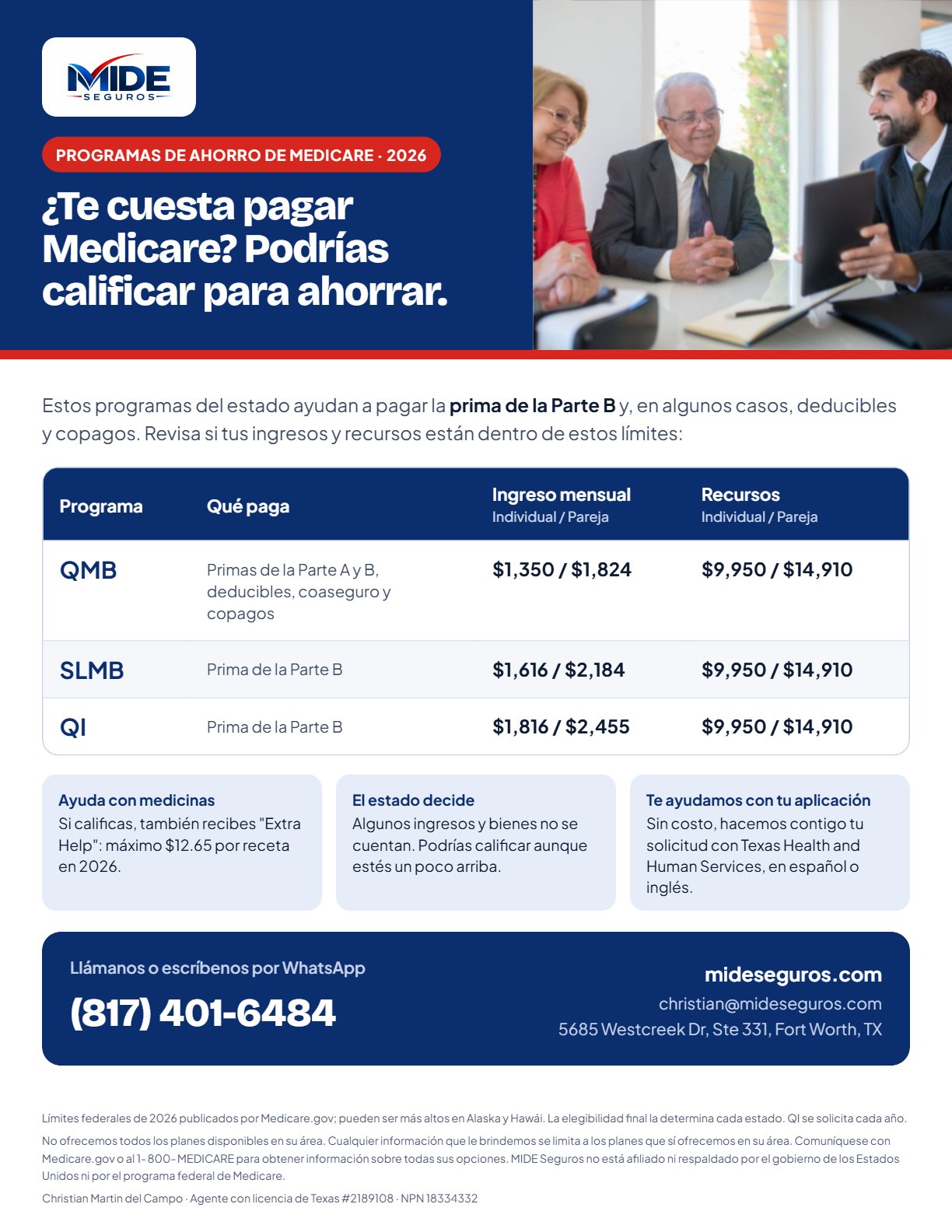 Flyer de MIDE Seguros sobre los Programas de Ahorro de Medicare 2026, con la tabla de límites de ingreso y recursos y el teléfono (817) 401-6484